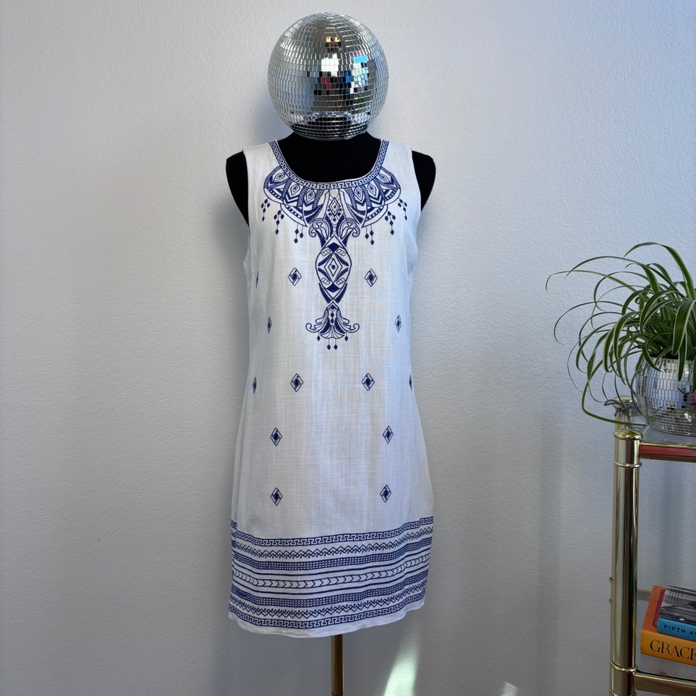 Soieblu Grecian Embroidered Cotton Linen Shift Mini Dress Size Small White Blue - Picture 2 of 15